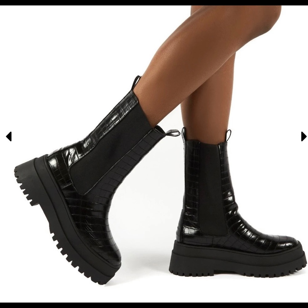 BLACK CROC CHUNKY SOLE CALF HIGH BOOTS